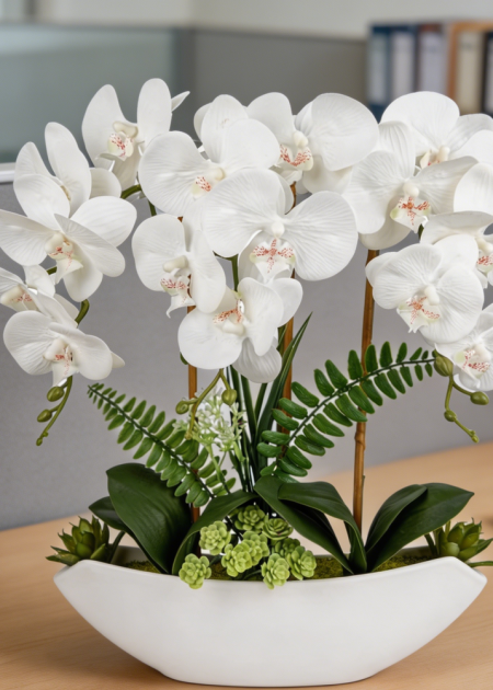 18" White Silk Orchid with Ceramic Pot Artificial